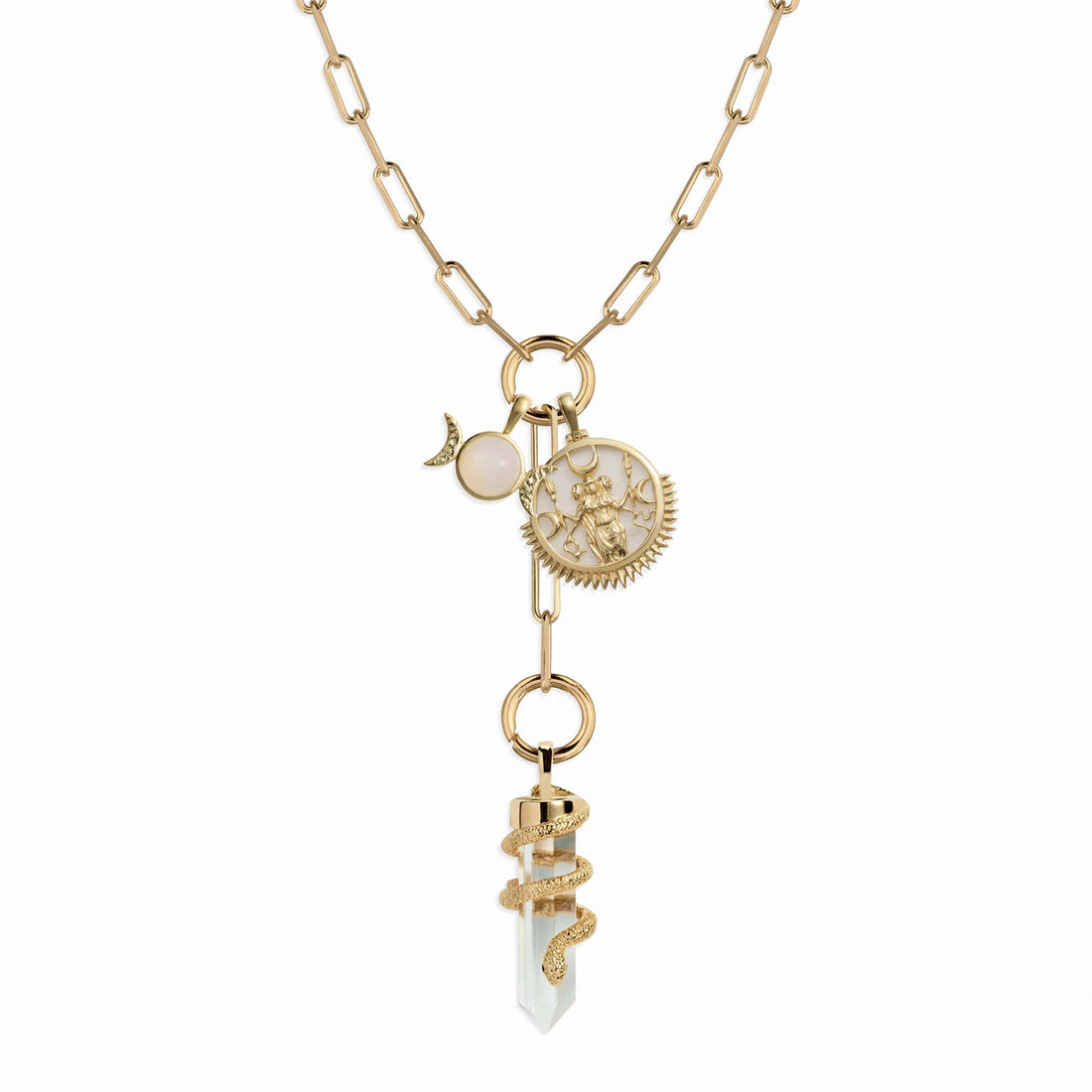 Awe Inspired Necklaces 14K Yellow Gold Vermeil Witch Goddess Charm Collector Lariat Necklace Set