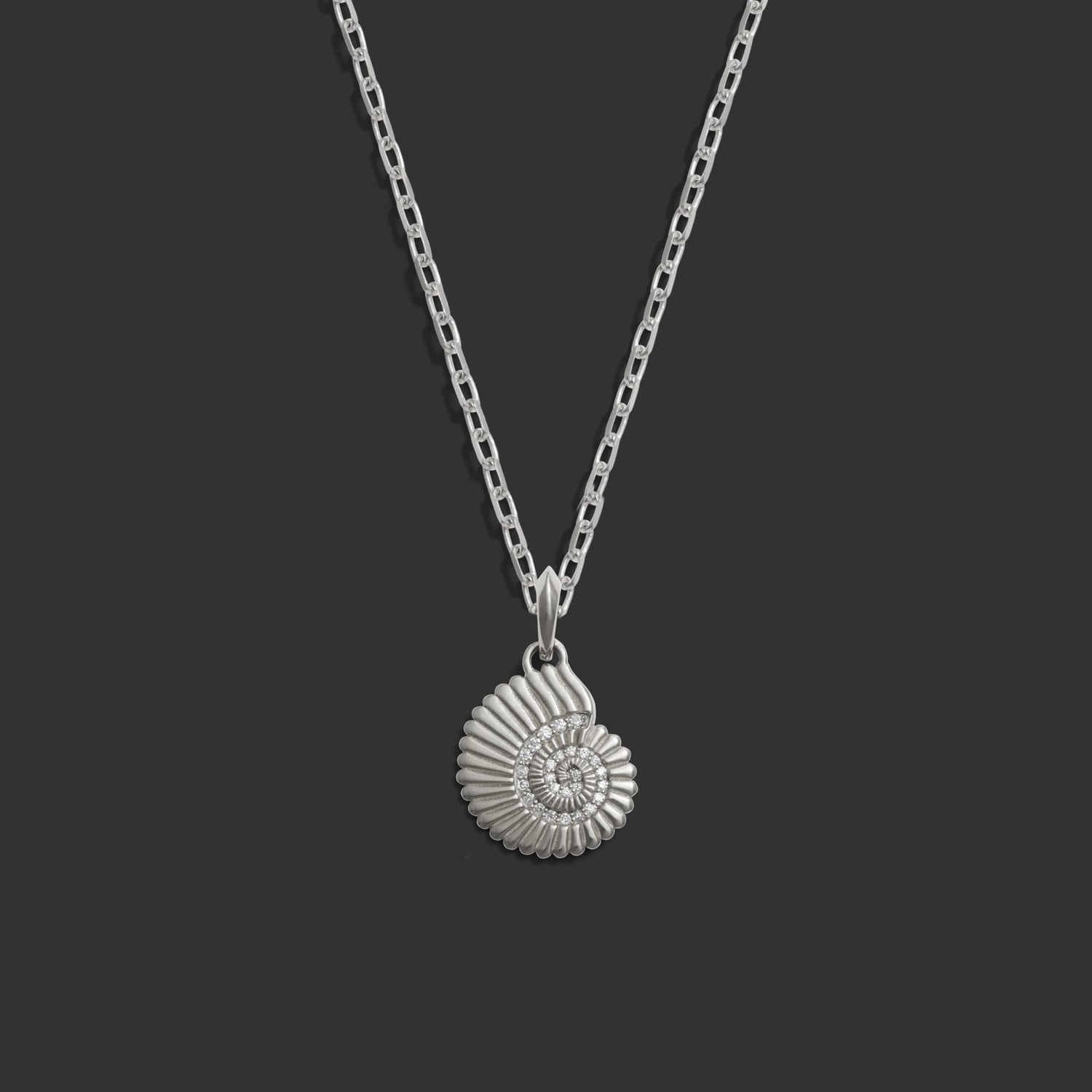 Awe Inspired Necklaces 14kK White Gold / 18" Rolo Chain Diamond Spiral Shell Necklace