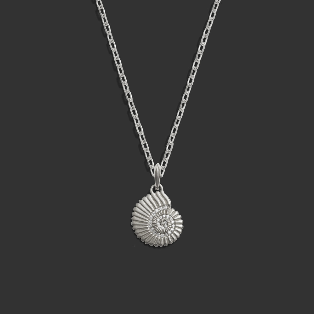Awe Inspired Necklaces 14kK White Gold / 18" Rolo Chain Diamond Spiral Shell Necklace