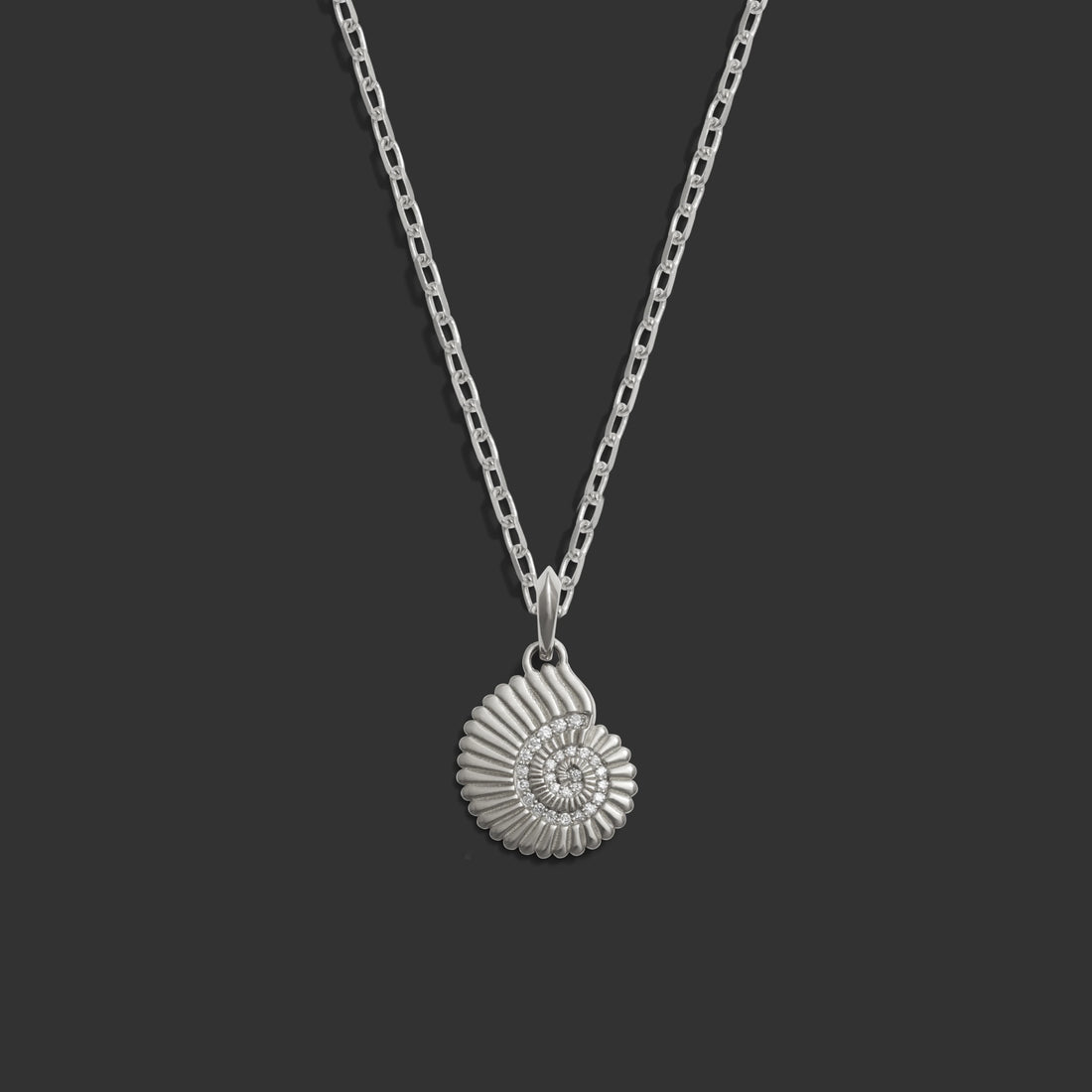 Awe Inspired Necklaces 14kK White Gold / 18" Rolo Chain Diamond Spiral Shell Necklace