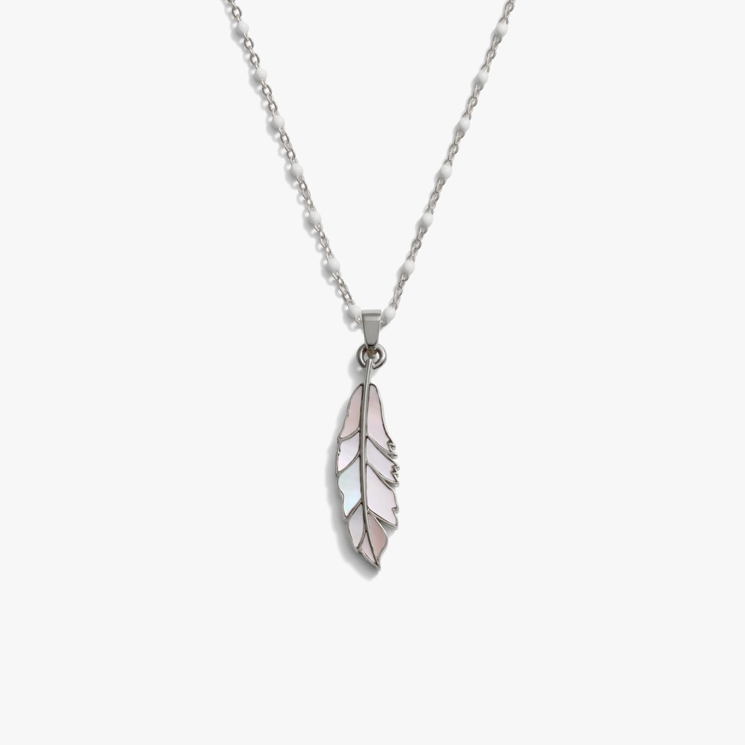Awe Inspired Necklaces 925 Sterling Silver / 14"-18" White Enamel Chain Mother of Pearl Feather White Enamel Necklace