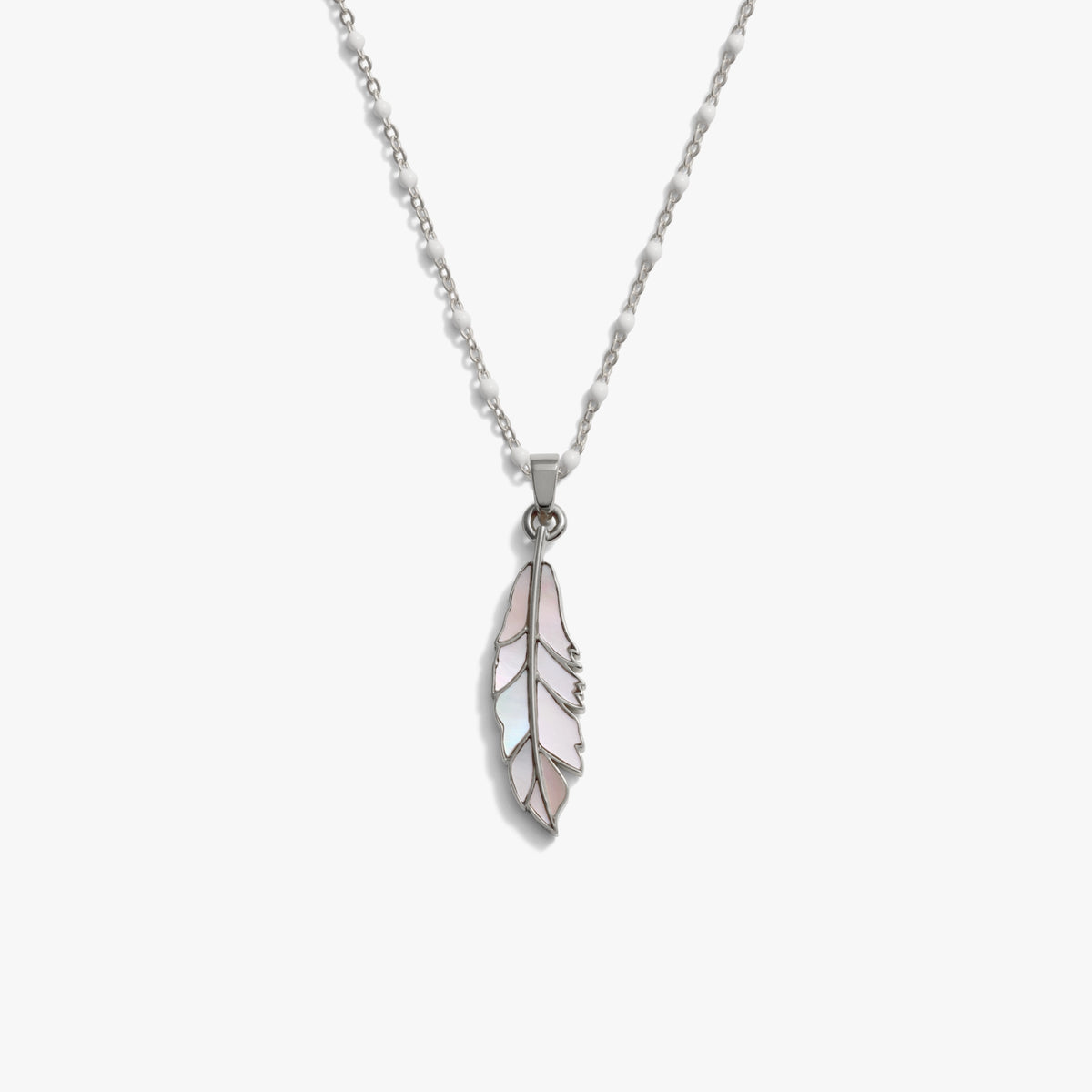 Awe Inspired Necklaces 925 Sterling Silver / 14"-18" White Enamel Chain Mother of Pearl Feather White Enamel Necklace