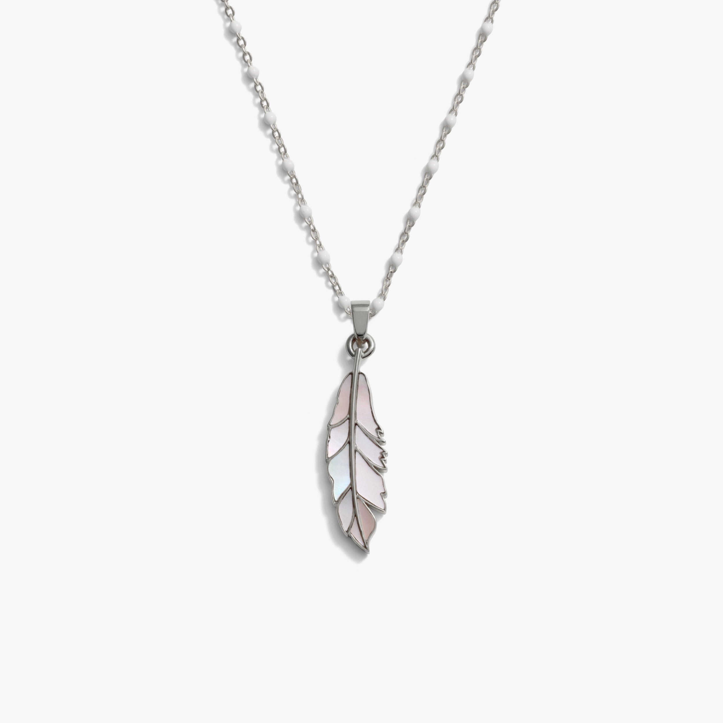Awe Inspired Necklaces 925 Sterling Silver / 14"-18" White Enamel Chain Mother of Pearl Feather White Enamel Necklace