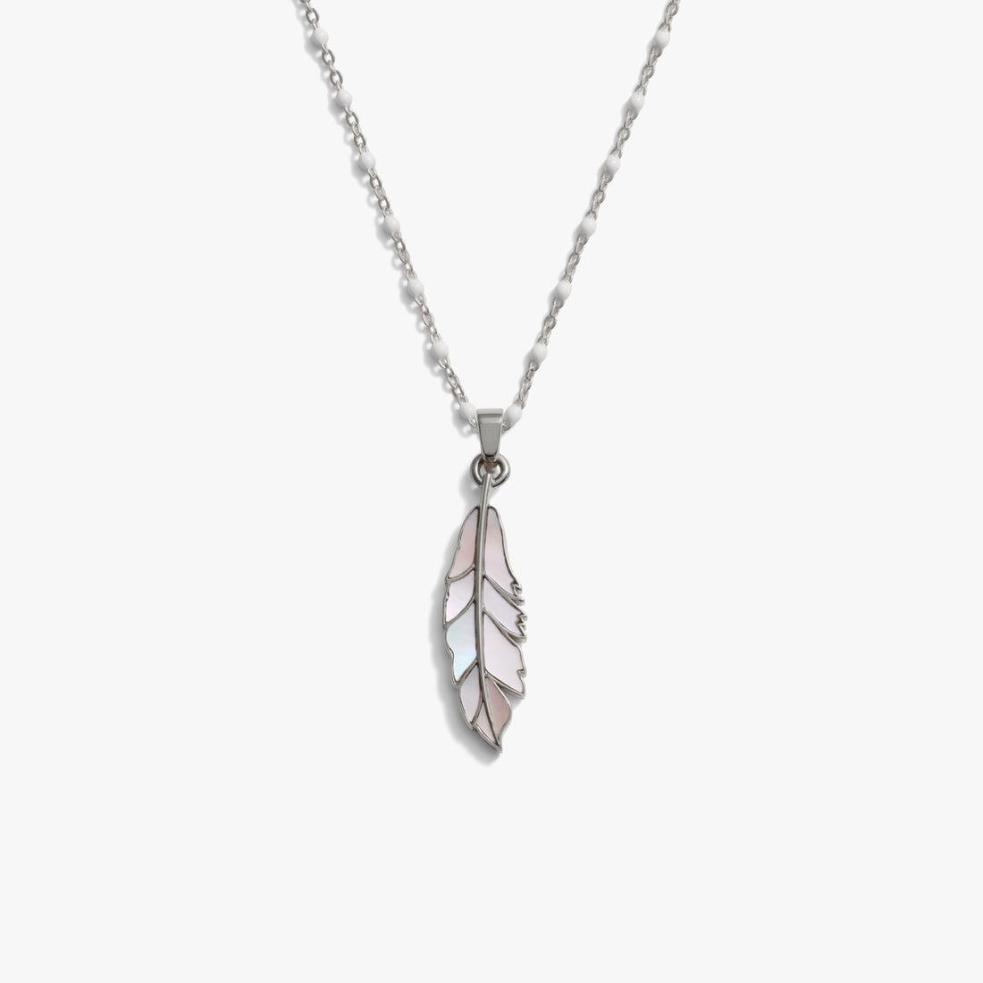 Awe Inspired Necklaces 925 Sterling Silver / 14"-18" White Enamel Chain Mother of Pearl Feather White Enamel Necklace
