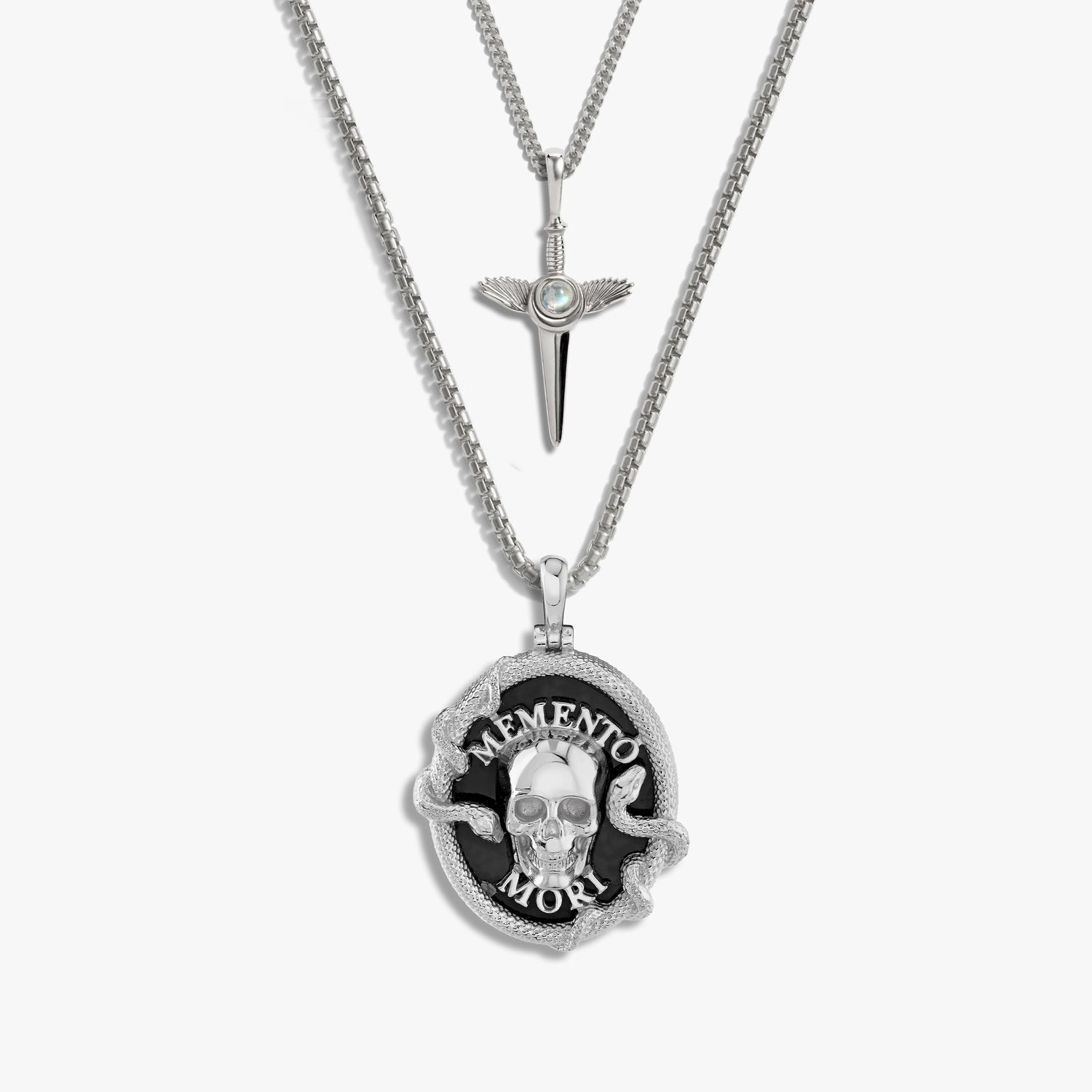 Awe Inspired Necklaces 925 Sterling Silver Men's Memento Mori Necklace Set