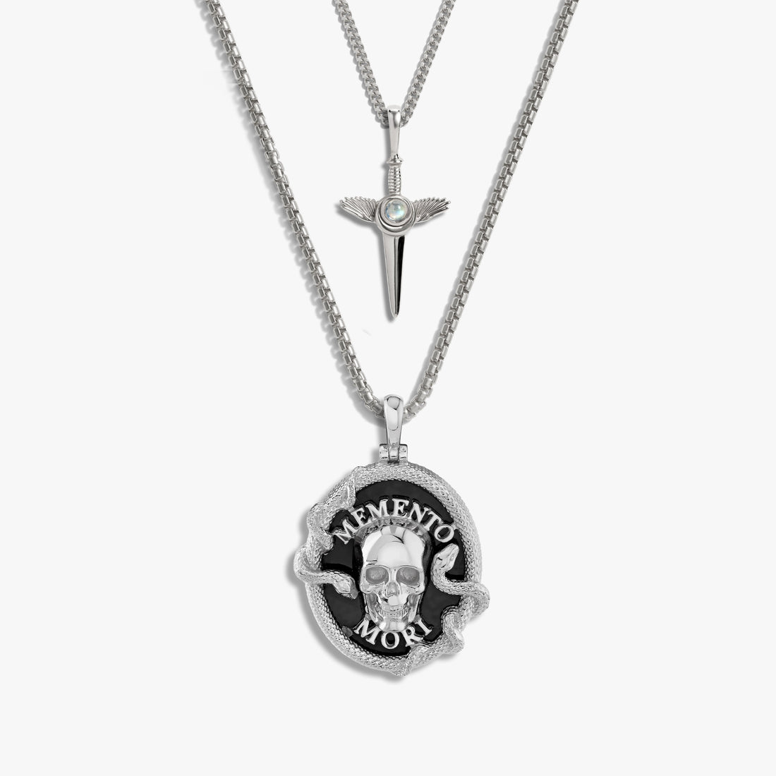 Awe Inspired Necklaces 925 Sterling Silver Men's Memento Mori Necklace Set
