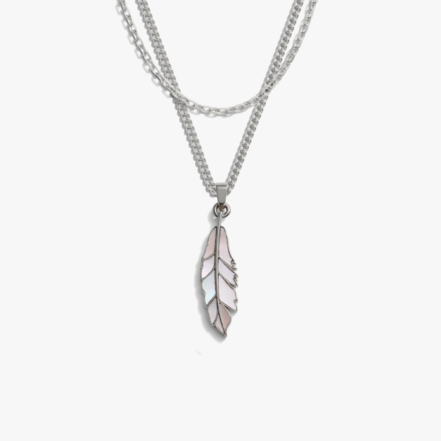 Awe Inspired Necklaces 925 Sterling Silver Men's Mother of Pearl Feather Necklace Set