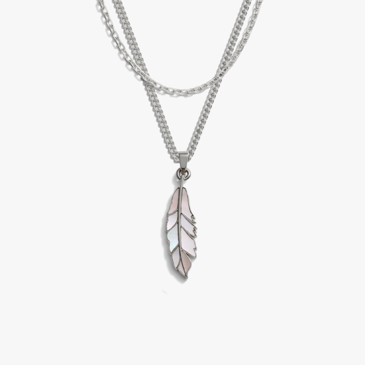 Awe Inspired Necklaces 925 Sterling Silver Men's Mother of Pearl Feather Necklace Set