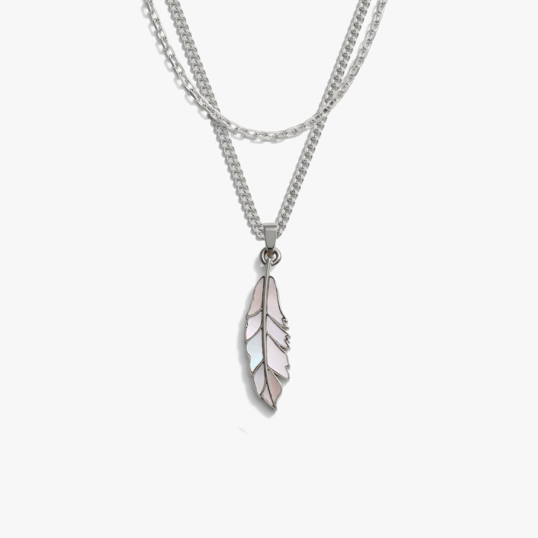 Awe Inspired Necklaces 925 Sterling Silver Men's Mother of Pearl Feather Necklace Set