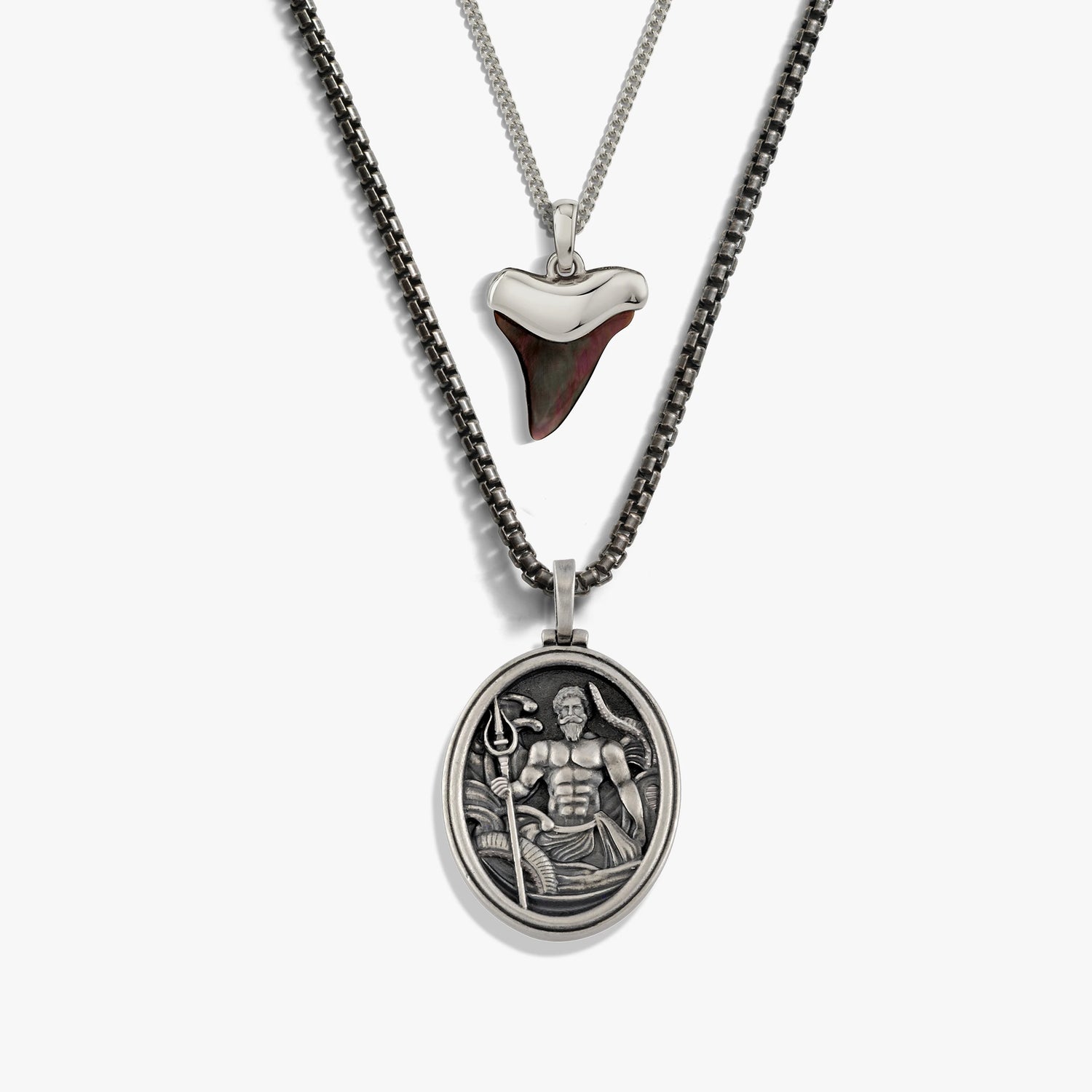 Awe Inspired Necklaces 925 Sterling Silver Poseidon and Shark Tooth Necklace Set