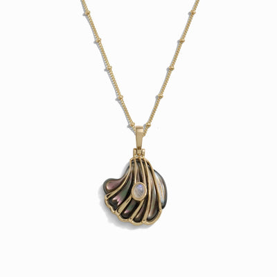 Awe Inspired Necklaces Black Mother of Pearl / 14K Yellow Gold Vermeil / 16"-18" Saturn Chain Moonstone Black Mother of Pearl Carved Shell Necklace