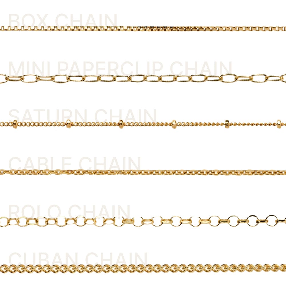 Product image of Discover our Awe Inspired Chain Necklace collection featuring six distinct styles: Box Chain, Mini Paperclip Chain, Saturn Chain, Cable Chain, Rolo Chain, and Cuban Chain. Effortlessly change your look with each unique chain.