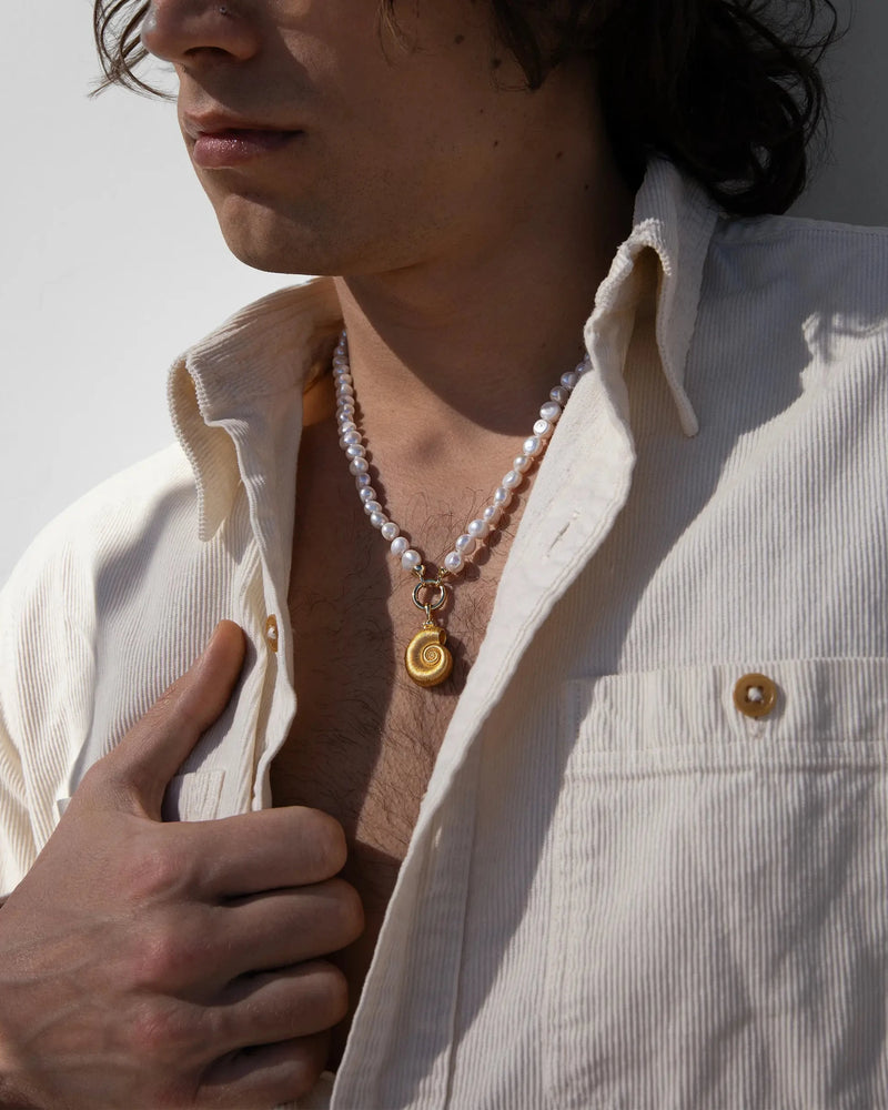 Awe Inspired Necklaces Men's Deep Sea Ammonite Shell on Pearl Collector Necklace