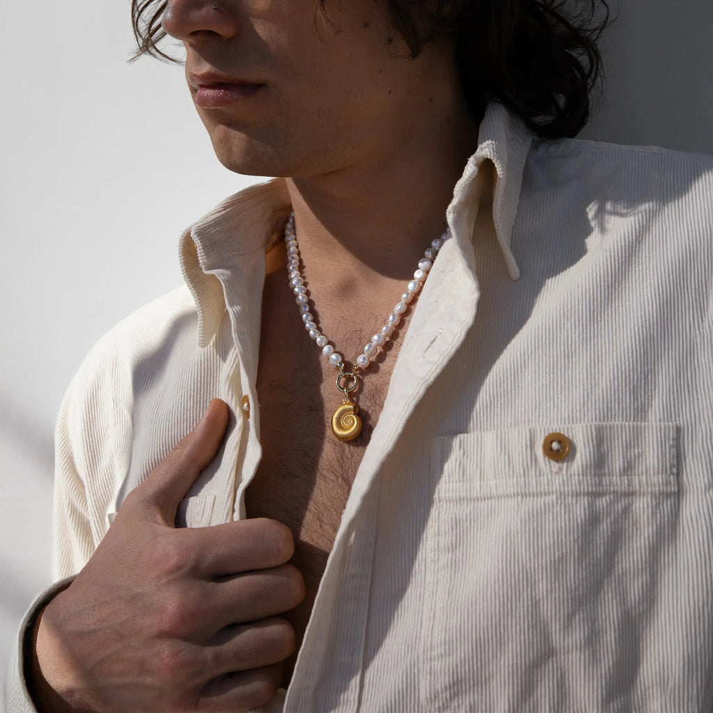 Awe Inspired Necklaces Men's Deep Sea Ammonite Shell on Pearl Collector Necklace