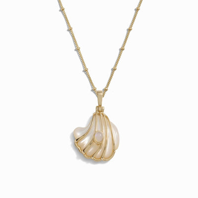 Awe Inspired Necklaces Mother of Pearl / 14K Yellow Gold Vermeil / 16"-18" Saturn Chain Opal Mother of Pearl Carved Shell Necklace