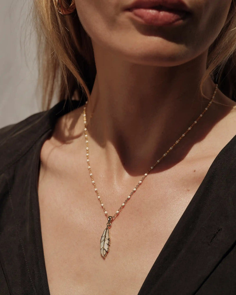 Awe Inspired Necklaces Mother of Pearl Feather White Enamel Necklace