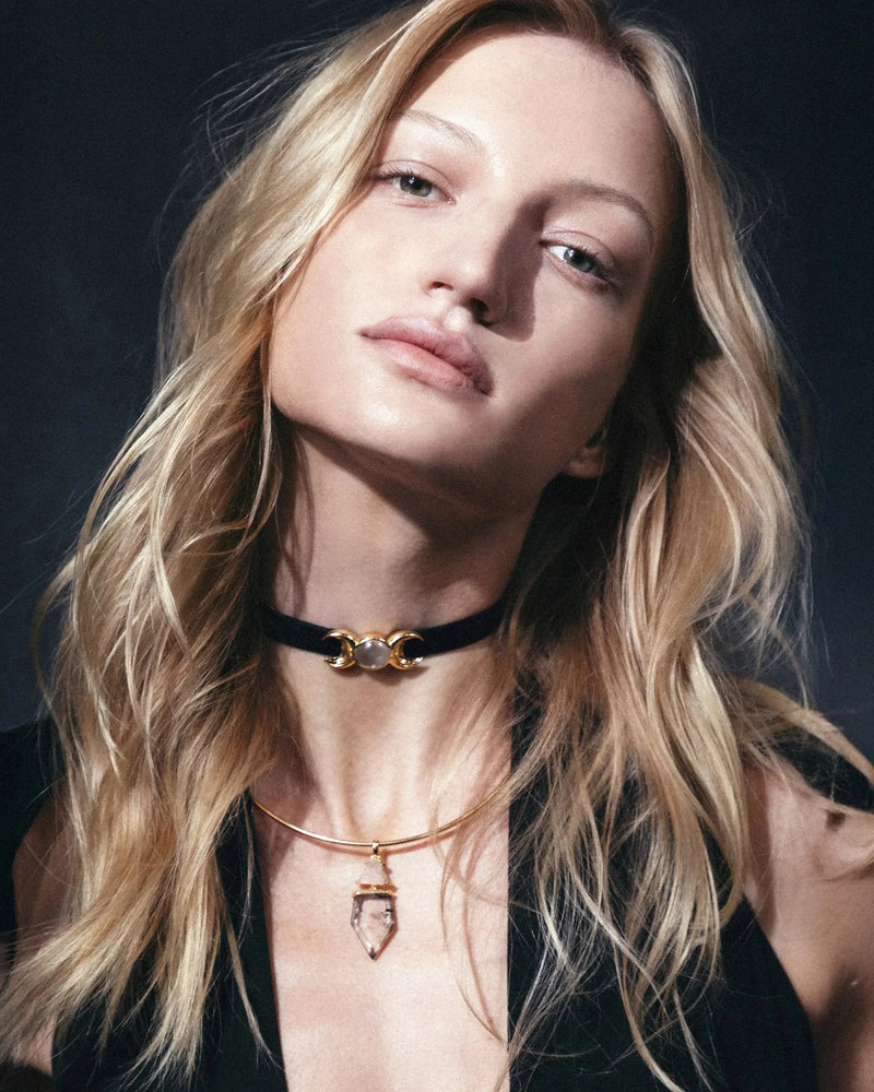 Awe Inspired Necklaces Sorceress Crystal on the Charm Triple Moon Velvet Choker