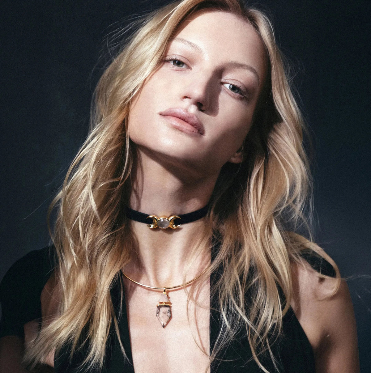 Awe Inspired Necklaces Sorceress Crystal on the Charm Triple Moon Velvet Choker