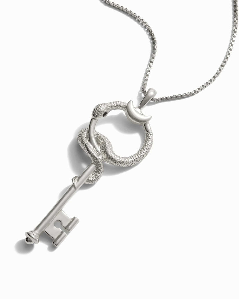 Close-up of a silver necklace featuring a key pendant entwined by a snake with a crescent moon detail, evoking the hidden power of an **Awe Inspired The Gate of Hades Key Necklace**.