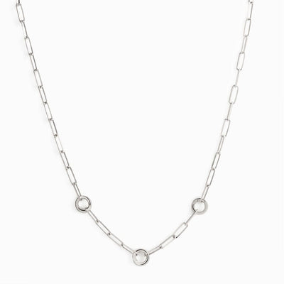 The Convertible Charm Collector Necklace from Awe Inspired is a silver chain with three evenly spaced circular links, perfect for adding goddess pendants or amulets.