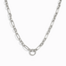 The Statement Single Charm Collector Necklace by Awe Inspired features wide luxe interlocking oval links in a silver chain and a central circular clasp.