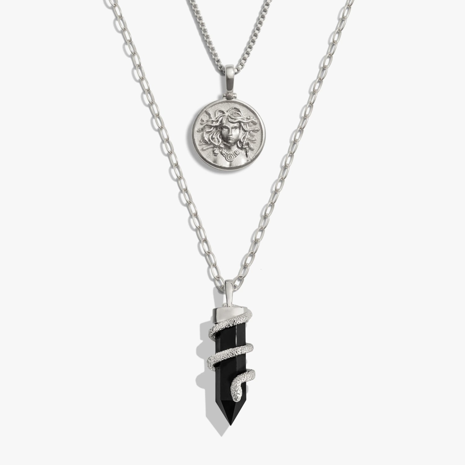 Awe Inspired Necklaces Sterling Silver Medusa and Onyx Crystal Snake Necklace Set