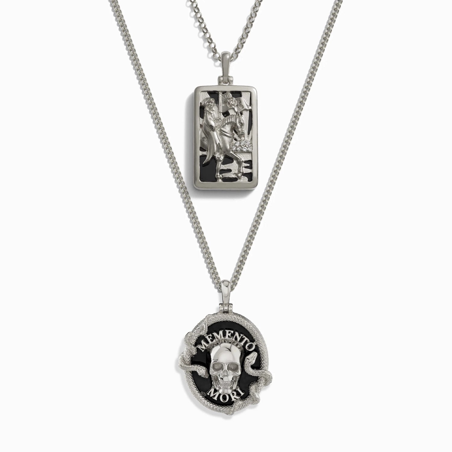 Awe Inspired Necklaces Sterling Silver Memento Mori and Death Tarot Necklace Set