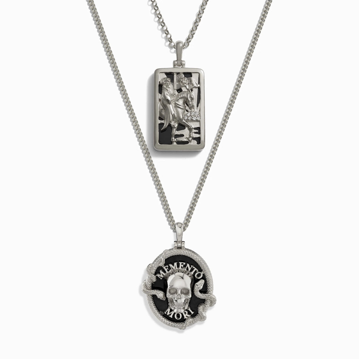 Awe Inspired Necklaces Sterling Silver Memento Mori and Death Tarot Necklace Set