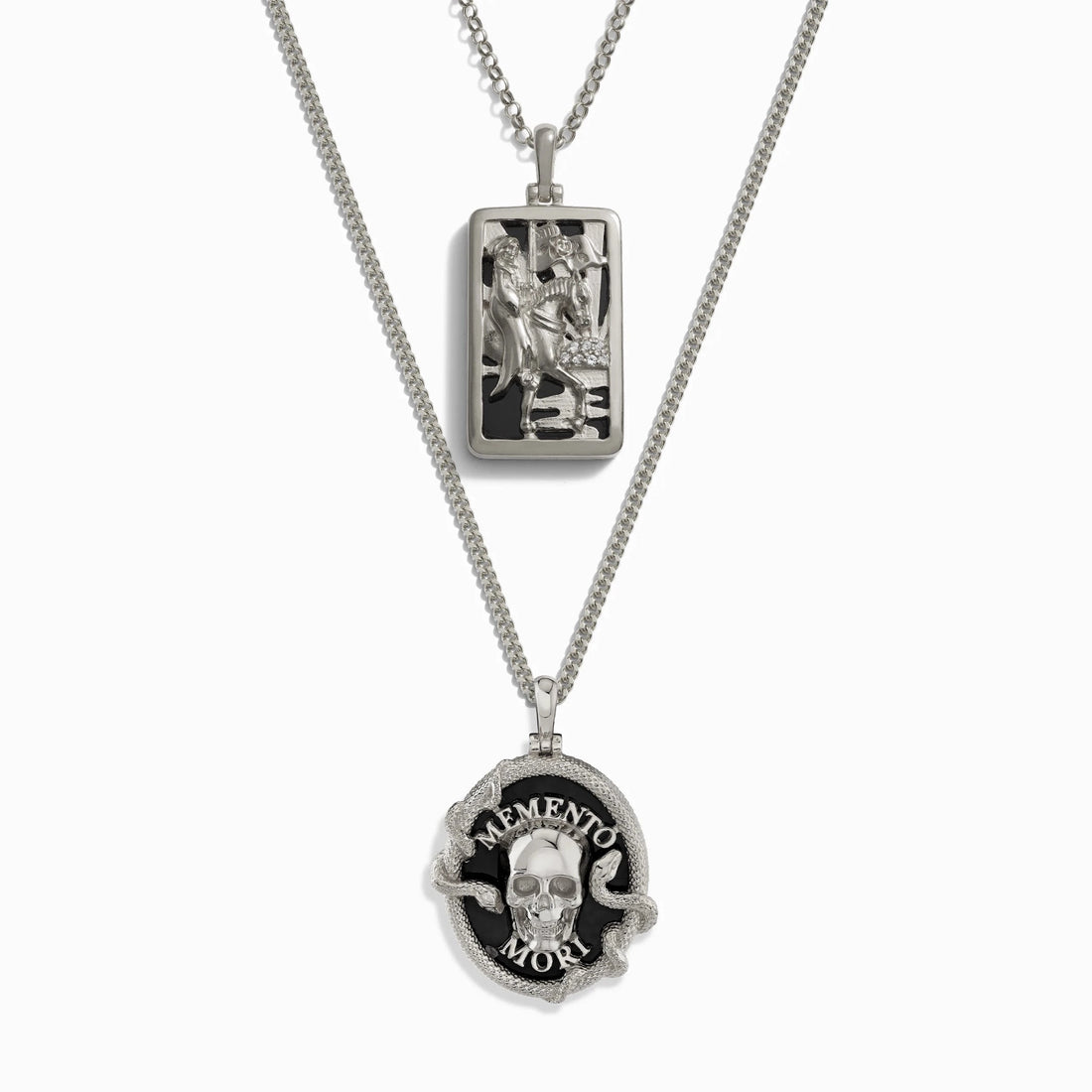 Awe Inspired Necklaces Sterling Silver Memento Mori and Death Tarot Necklace Set