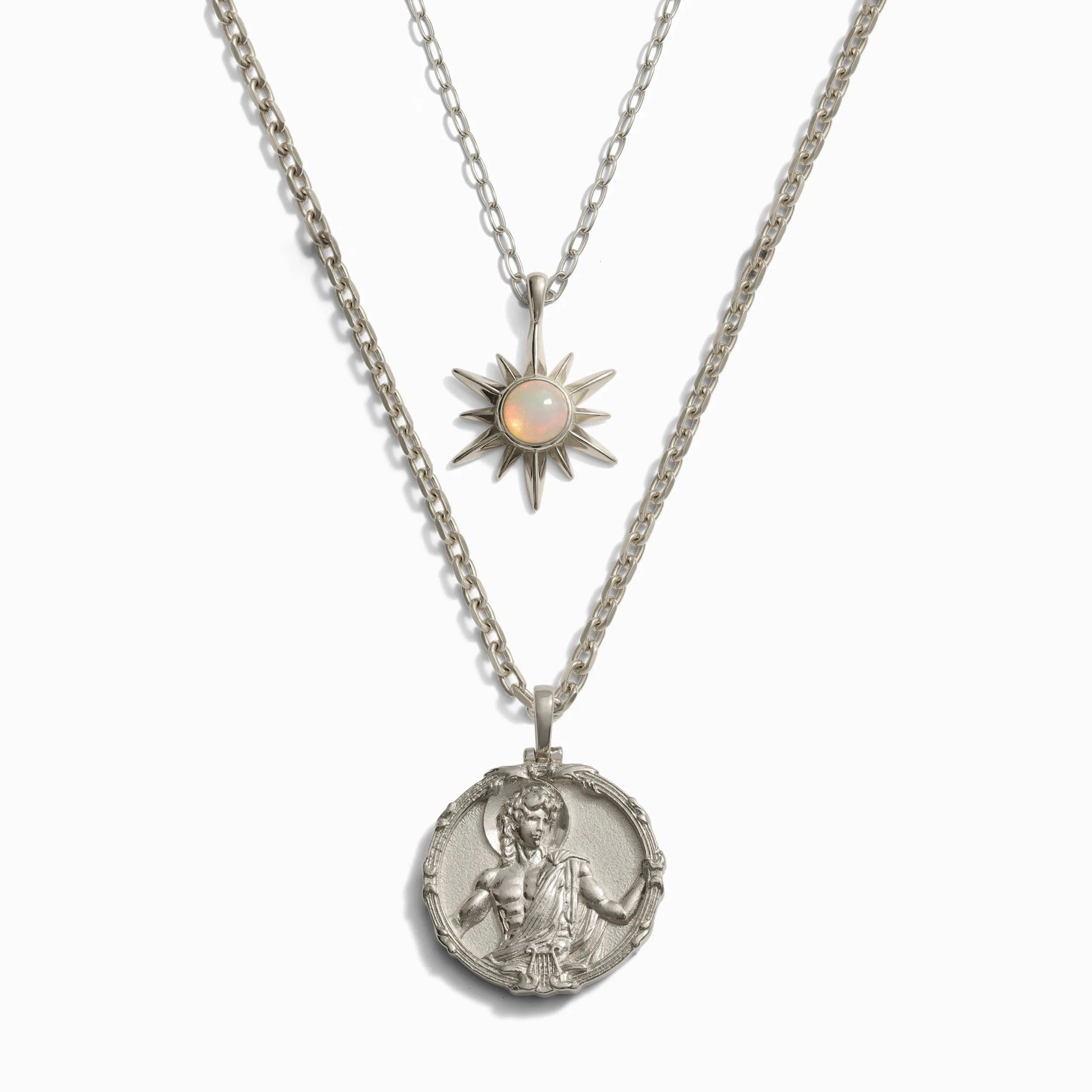 Awe Inspired Necklaces Sterling Silver Men's Apollo and Opal Sun Necklace Set