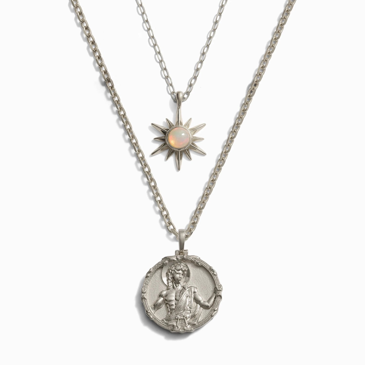 Awe Inspired Necklaces Sterling Silver Men's Apollo and Opal Sun Necklace Set