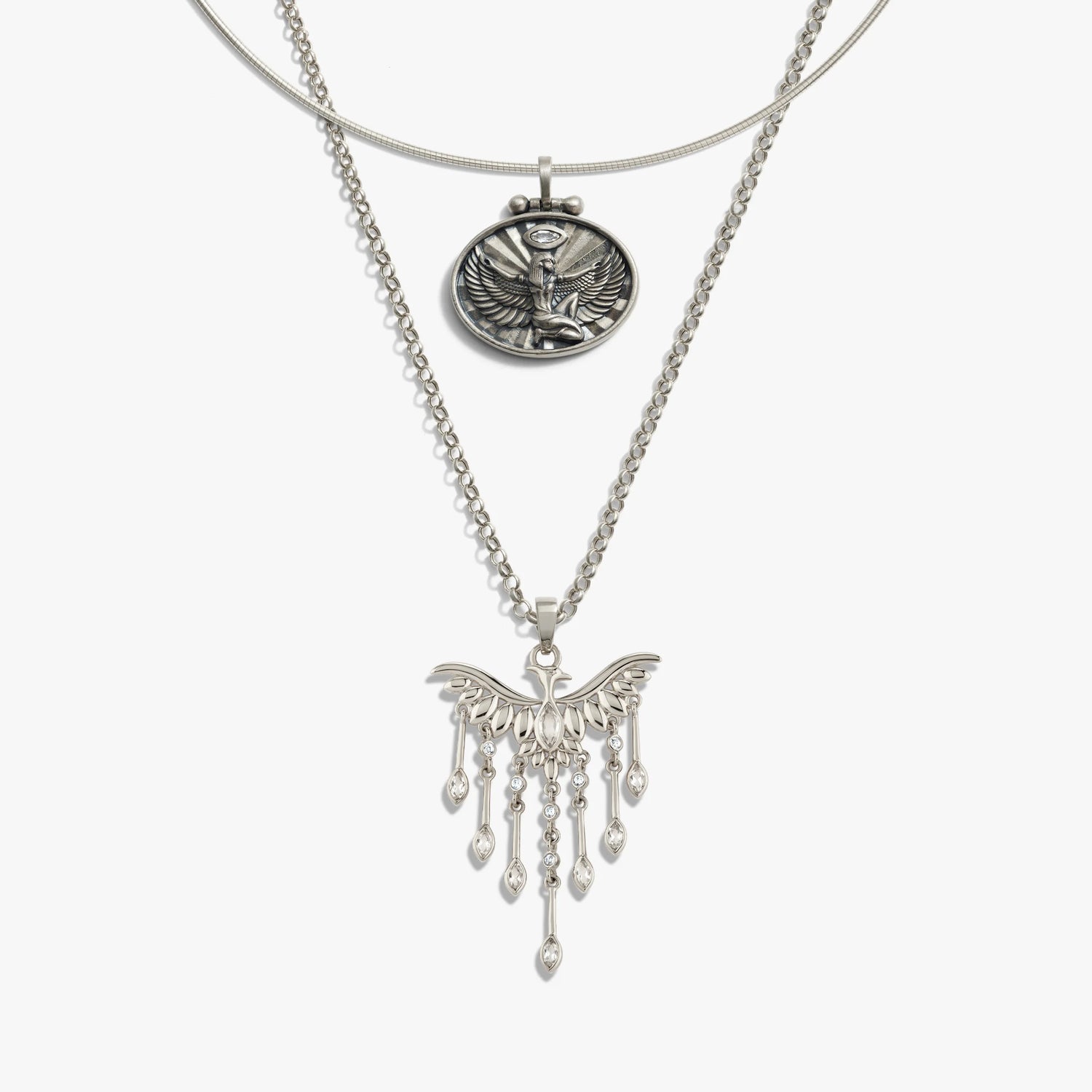Awe Inspired Necklaces Sterling Silver Omega Isis and Phoenix Layered Set