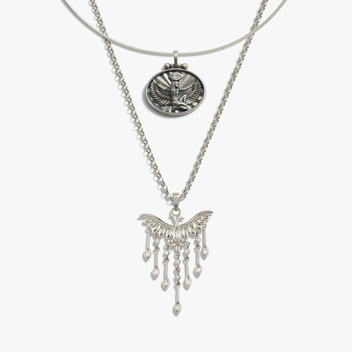 Awe Inspired Necklaces Sterling Silver Omega Isis and Phoenix Layered Set