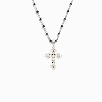 Awe Inspired Necklaces Sterling Silver Pearl Cross Necklace with Black Enamel Chain