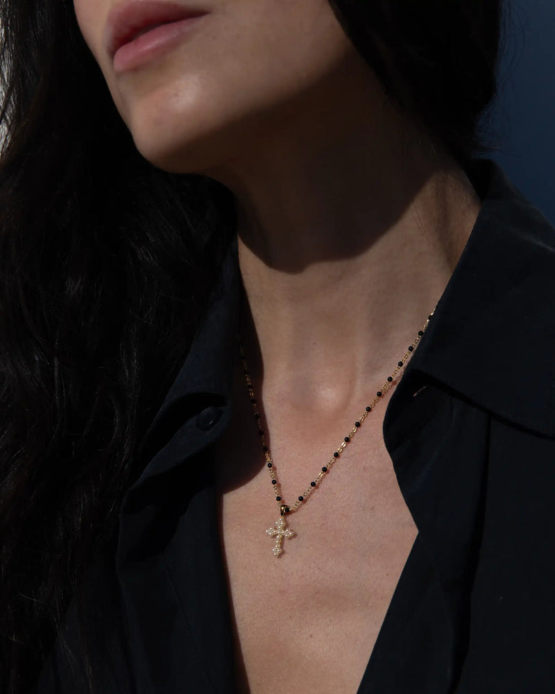 Awe Inspired Necklaces Sterling Silver Pearl Cross Necklace with Black Enamel Chain