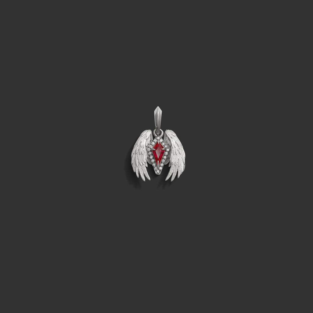 Awe Inspired Pendants 14K White Gold Ruby Wing Amulet