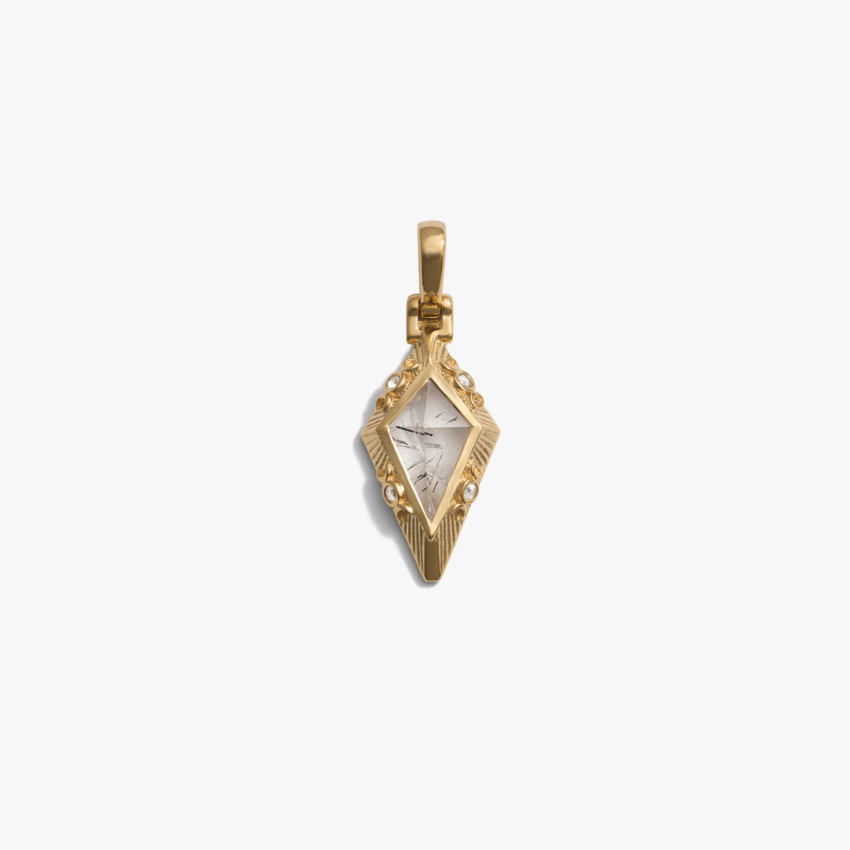 Awe Inspired Pendants 14K Yellow Gold Vermeil / Black Rutilated Quartz Prism Triple Moon Amulet