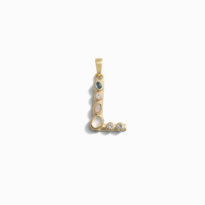 Introducing the Gemstone Initial Pendant by Awe Inspired, a gold pendant in the shape of the letter "L," adorned with bezel-set gemstones of varying colors and sizes, perfect for those who appreciate personalized jewelry.