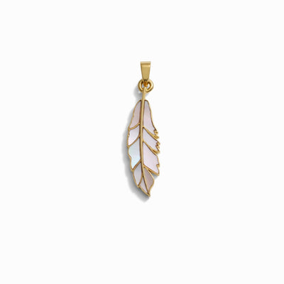 Mother of Pearl Feather Amulet by Awe Inspired features a pastel enamel inlay set against a white background, evoking the power of Athena like an ancient amulet.