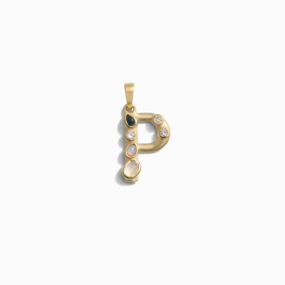 This Gemstone Initial Pendant by Awe Inspired, shaped like the letter "P," features bezel set gemstones, creating a stunning piece of personalized jewelry.