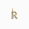 The Awe Inspired Gemstone Initial Pendant is a gold pendant crafted in the shape of the letter "R" and adorned with bezel-set gemstones, including clear, blue, and pink stones. This piece of personalized jewelry makes for a truly unique accessory.