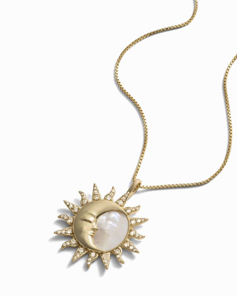 Awe Inspired Pendants 14K Yellow Gold Vermeil Sun & Moon Mother of Pearl Amulet