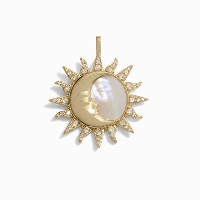 Awe Inspired Pendants 14K Yellow Gold Vermeil Sun & Moon Mother of Pearl Amulet