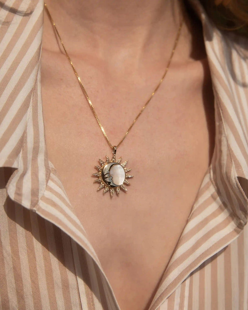 Awe Inspired Pendants 14K Yellow Gold Vermeil Sun & Moon Mother of Pearl Amulet