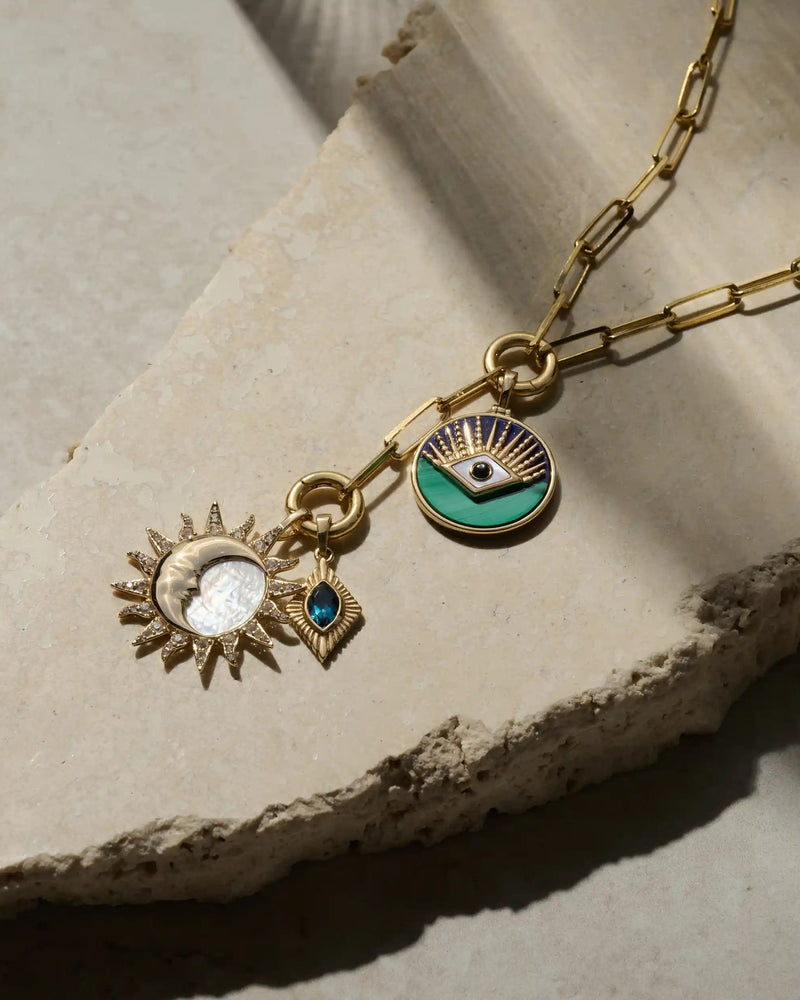 Awe Inspired Pendants 14K Yellow Gold Vermeil Sun & Moon Mother of Pearl Amulet