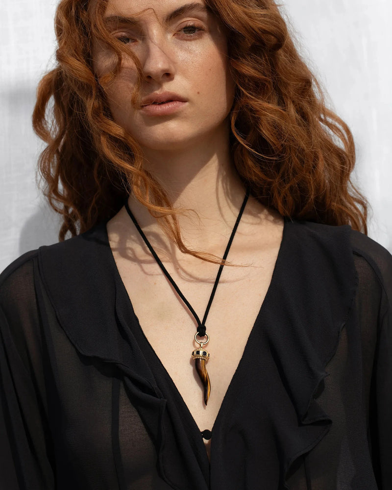 Awe Inspired Pendants 14K Yellow Gold Vermeil Tiger's Eye Horn Pendant