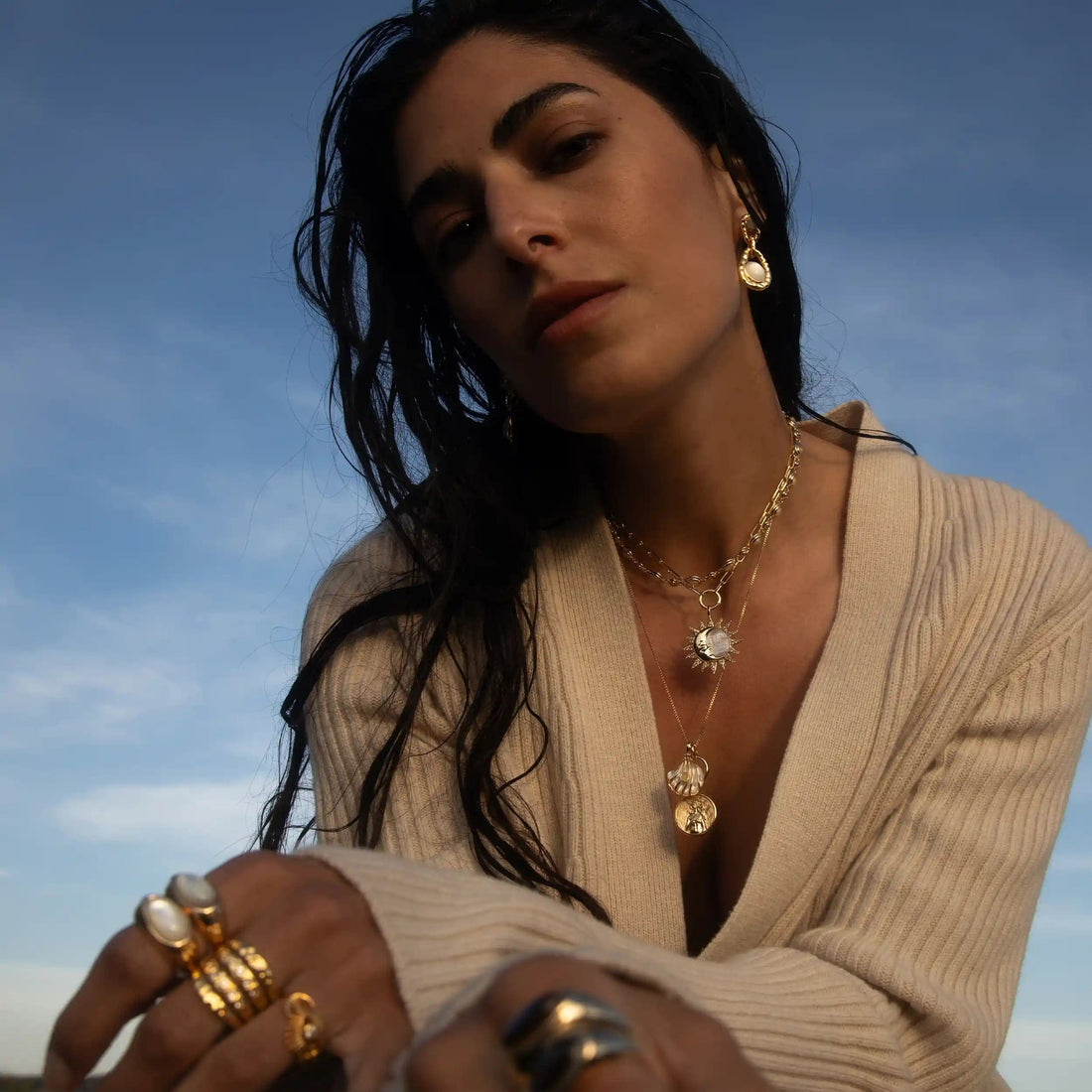 Awe Inspired Pendants Mother of Pearl / 14K Yellow Gold Vermeil Opal Mother of Pearl Carved Shell Amulet