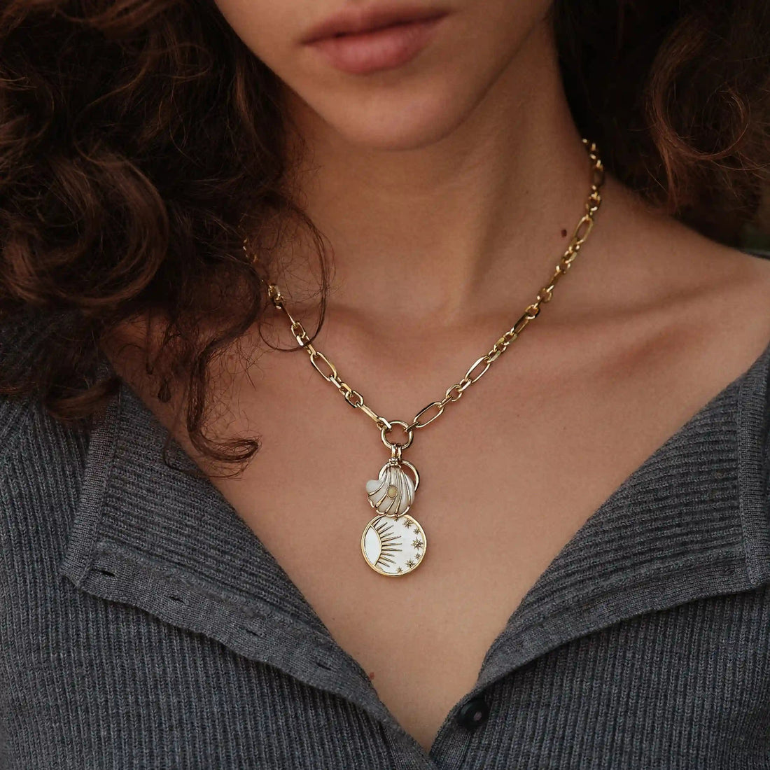 Awe Inspired Pendants Mother of Pearl / 14K Yellow Gold Vermeil Opal Mother of Pearl Carved Shell Amulet