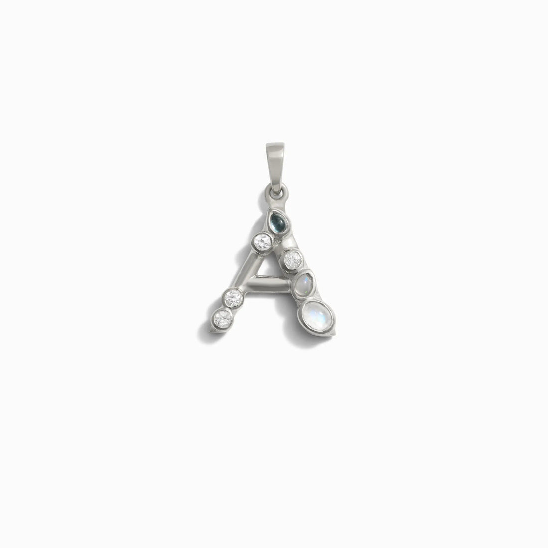Introducing the "Gemstone Initial Pendant" by Awe Inspired—a captivating silver letter "A" pendant embellished with small bezel set gemstones, complete with a loop at the top for easy attachment to any necklace. This piece makes an excellent choice for personalized jewelry or initial charms.