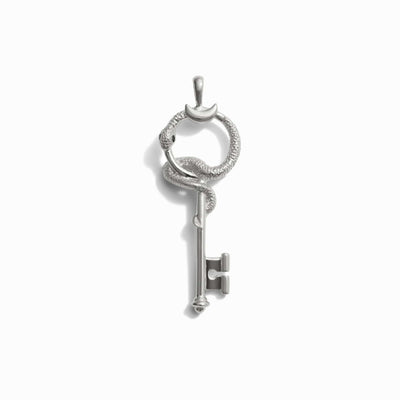 A silver key pendant with a detailed snake wrapping around the top, featuring a loop for attaching to a chain, reminiscent of the Awe Inspired The Gate of Hades Key Amulet.